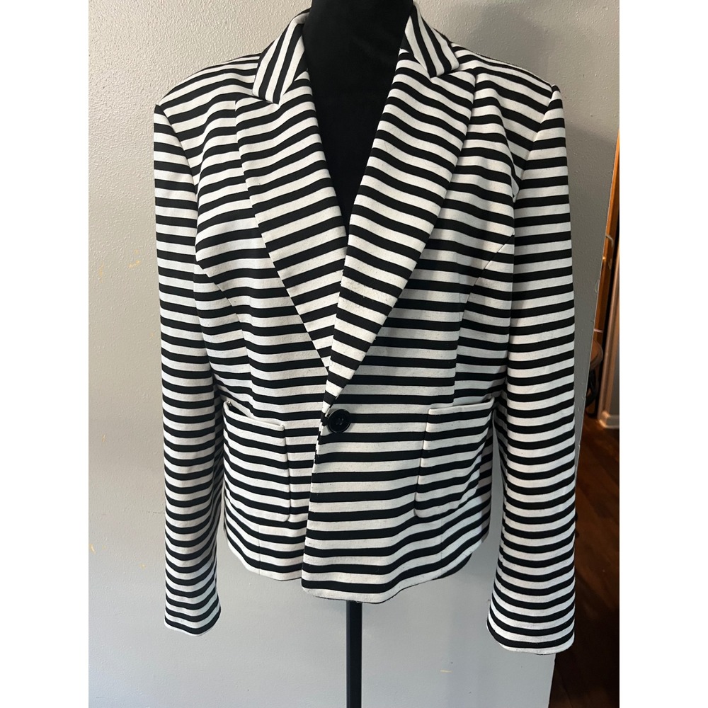NINE WEST Blazer Striped Single Button Women 16 Black White Nautical Workwear